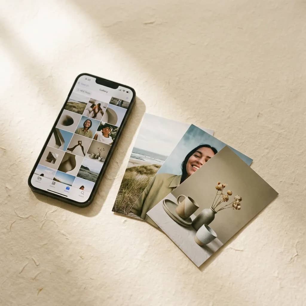 An iPhone showing HEIC photos beside printed PNG copies on a warm cream surface